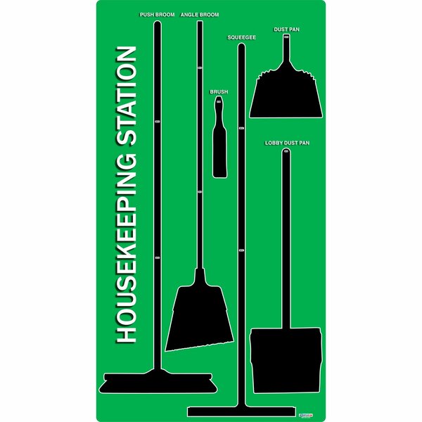 5S Supplies 5S Housekeeping Shadow Board Broom Station Version 3 - Green Board / Black Shadows No Broom HSB-V3-GREEN-BO